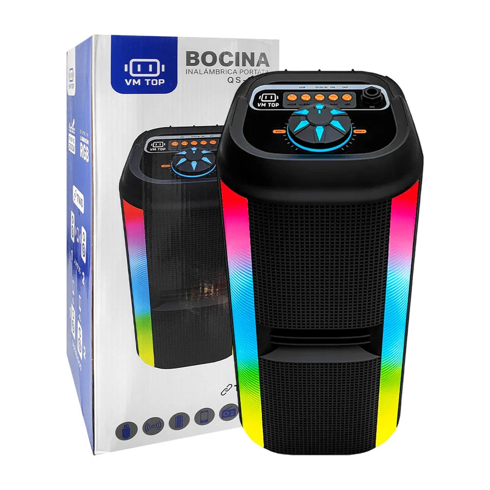 Bocina bluetooth vm top de 4 pulgadas con luces led rgb + ranura para micrófono, usb y micro sd / qs-3631