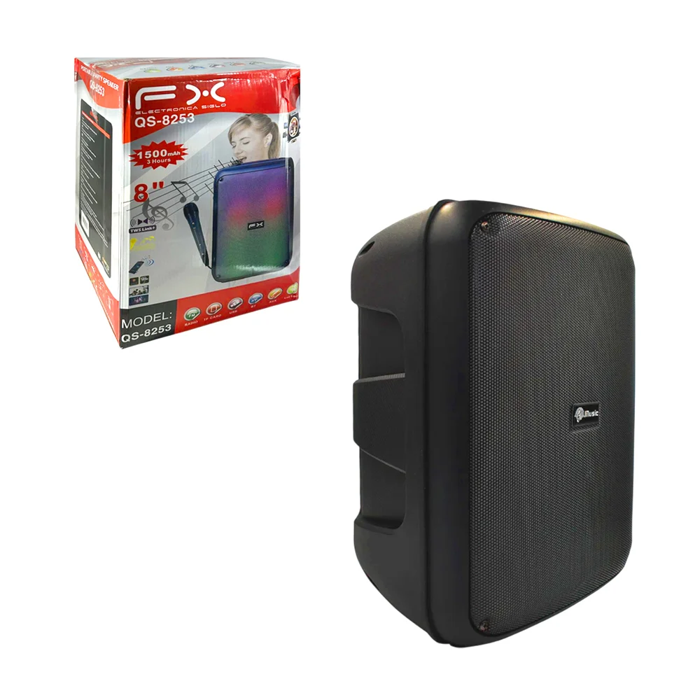 Bocina bluetooth fx de 8 pulgadas con radio fm, luz rgb, ranura para usb-tf + micrófono y control / qs-8253