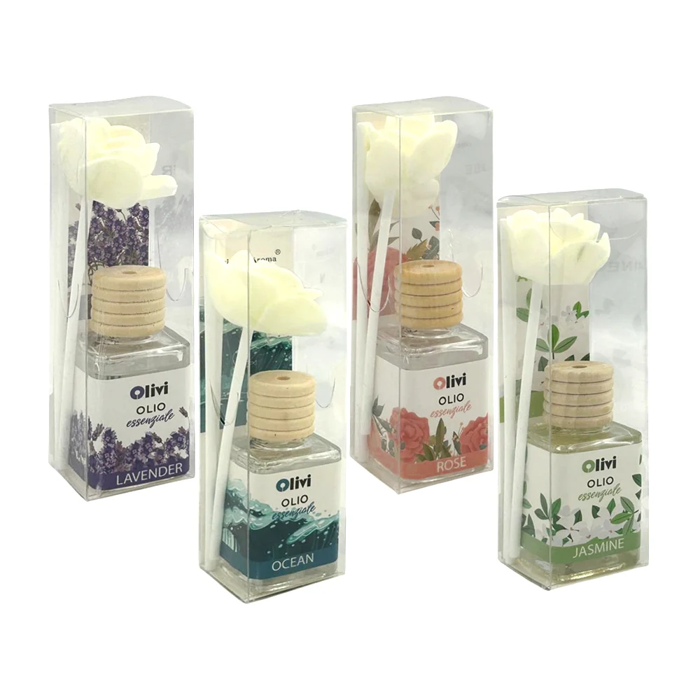 Frasco pequeño aromatizante difusor de 10ml con esencia + 3 varillas blancas con rosa flor blanca, variedad de aromas / olivi / rhp-61001 / aroma family