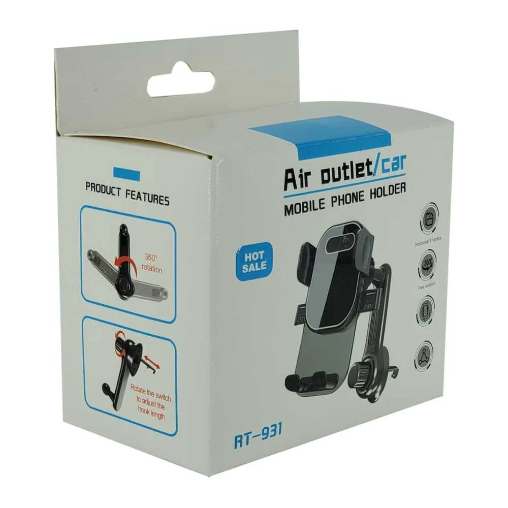 Soporte de teléfono para coche con gancho para la ventila del aire y agarre ajustable, variedad de colores / air outlet/car / mobile phone holder / rt-931