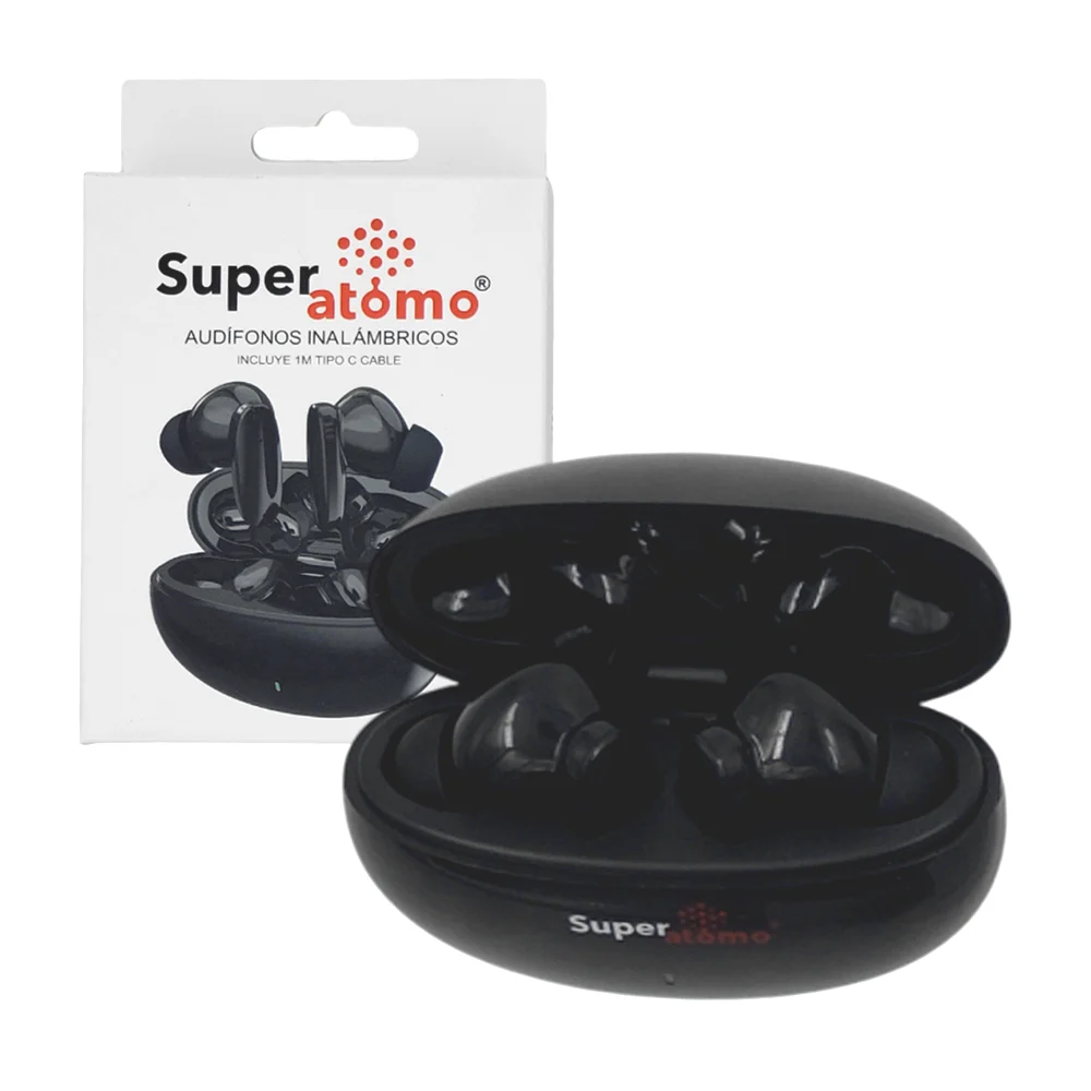 Audífonos inalámbricos super átomo con goma suave, estuche de carga ovalado y cable tipo c en color negro / sa4005a