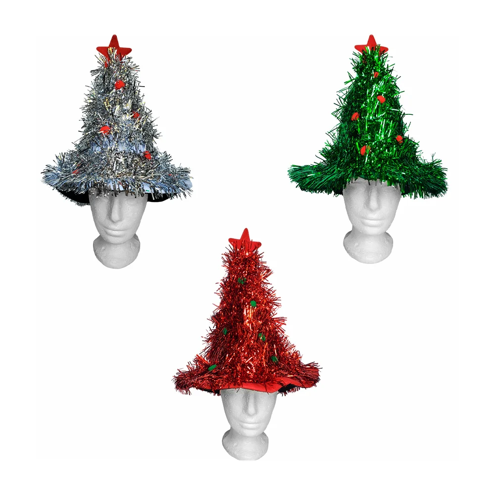 1pza Gorro navideño en forma de árbol de navidad con escarcha, estrella y pompones, variedad de colores