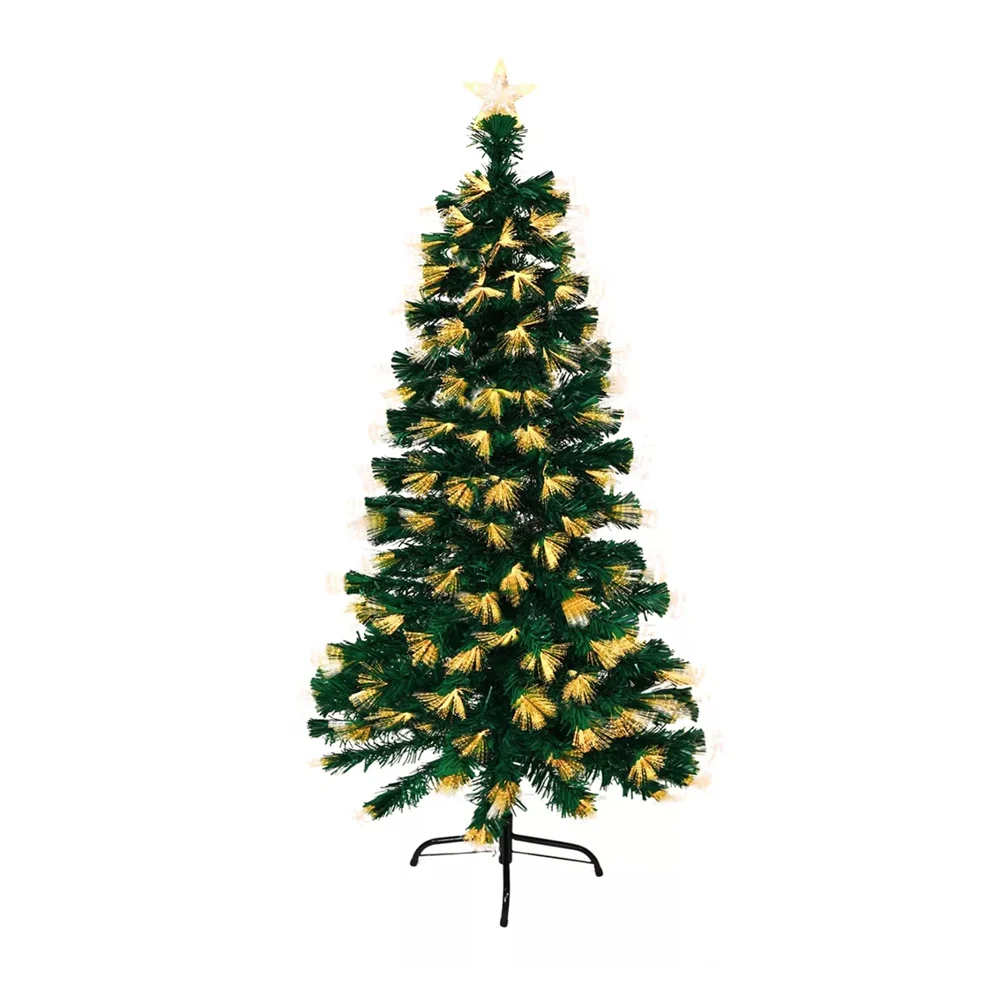 Pino árbol de navidad en color verde con fibra óptica de luces cálidas + estrella transparente, 150cm / best wish for you / sd051
