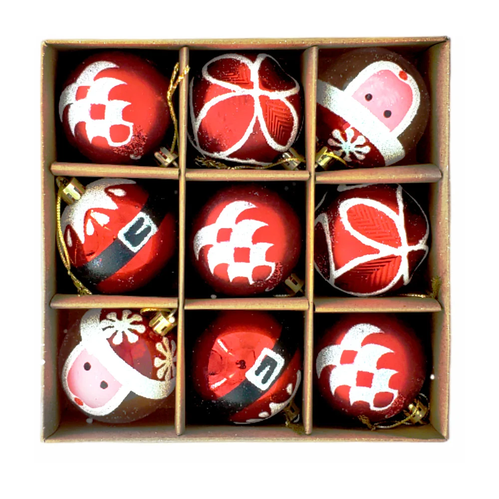 Caja con 9 esferas navideñas, diseño diamantado de santa claus en mate o metálicas y esferas transparentes con encapsulado, variedad de colores y diseños / sds4175