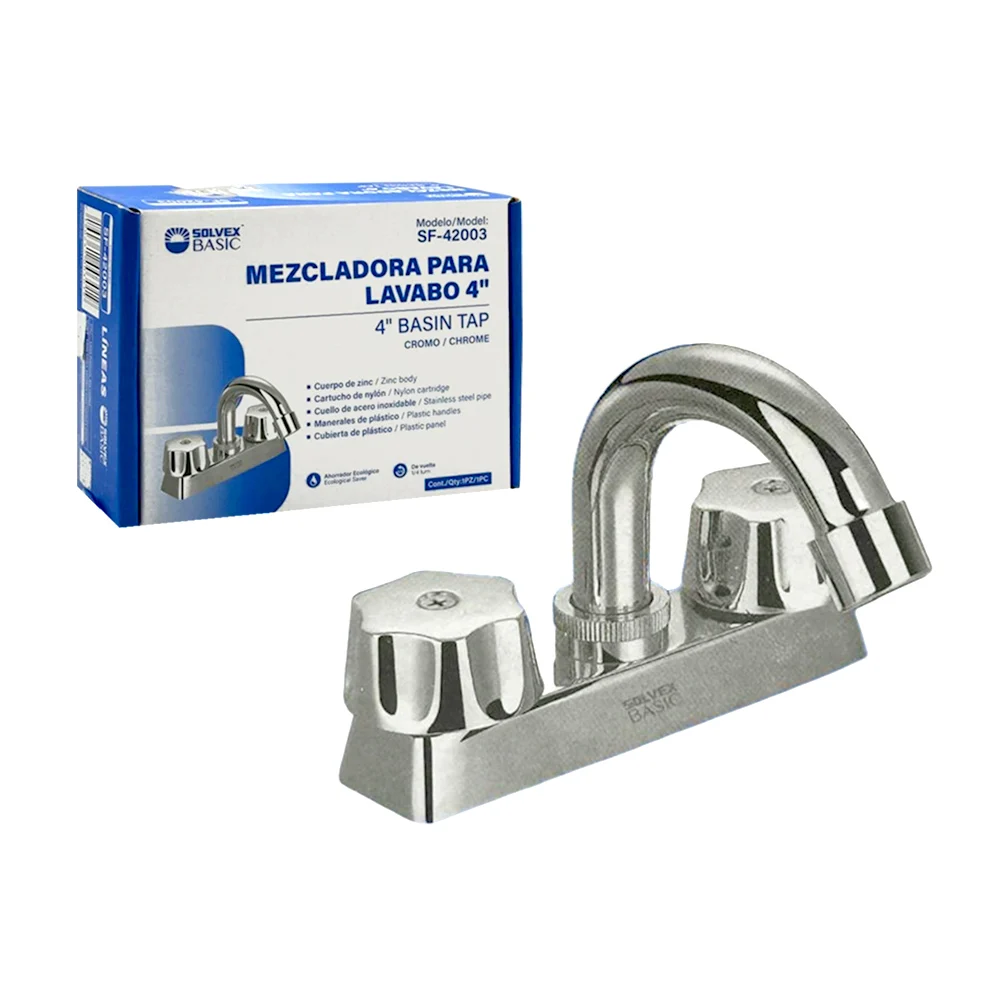 Llave mezcladora solvex basic de 4 pulgadas con cuello de acero inoxidable y manerales para lavabo / sf-42003