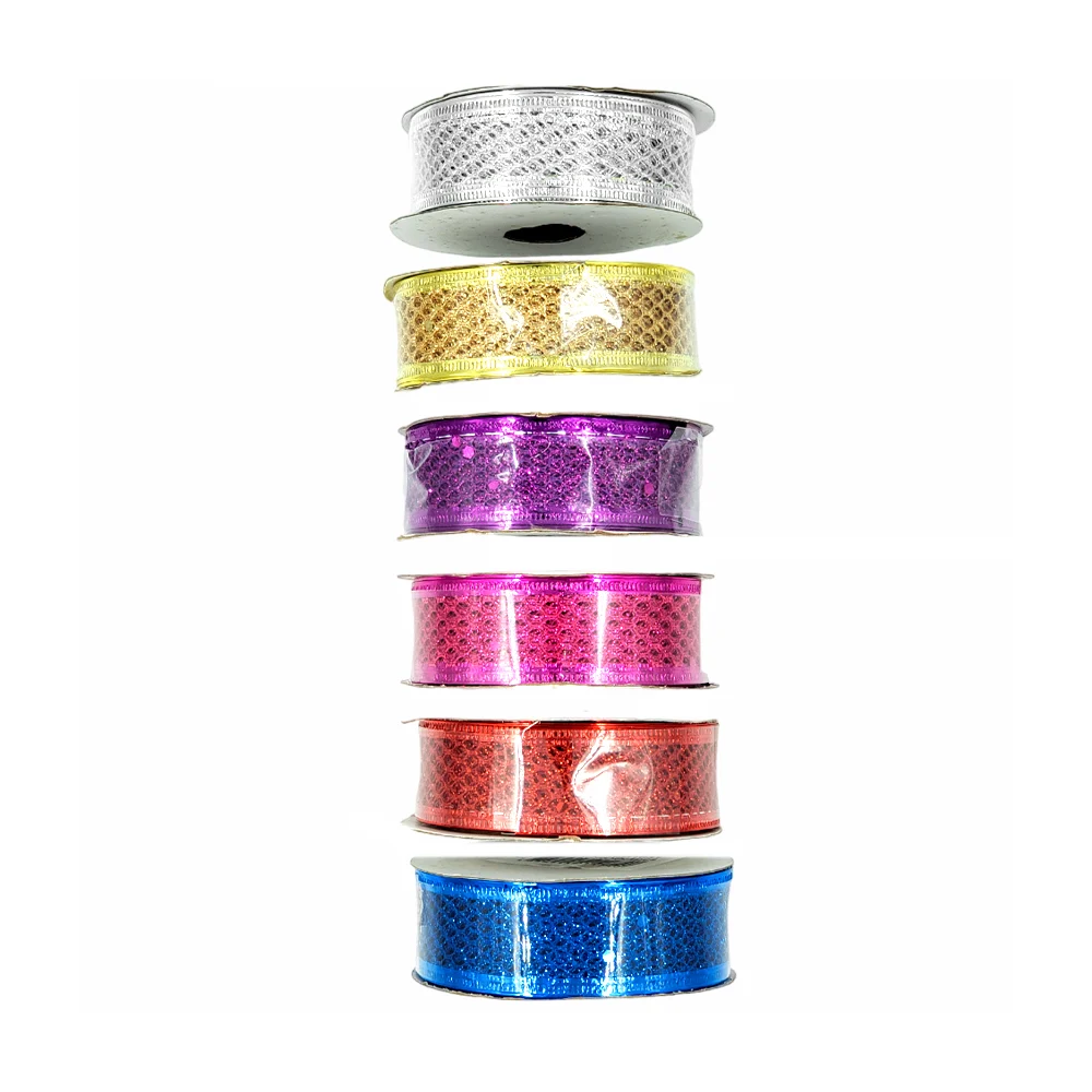 1pza Rollo de listón navideño en tono metálico con diamantina tipo red, 2.5cm x 2.7m, variedad de colores / sh1631 / j3510