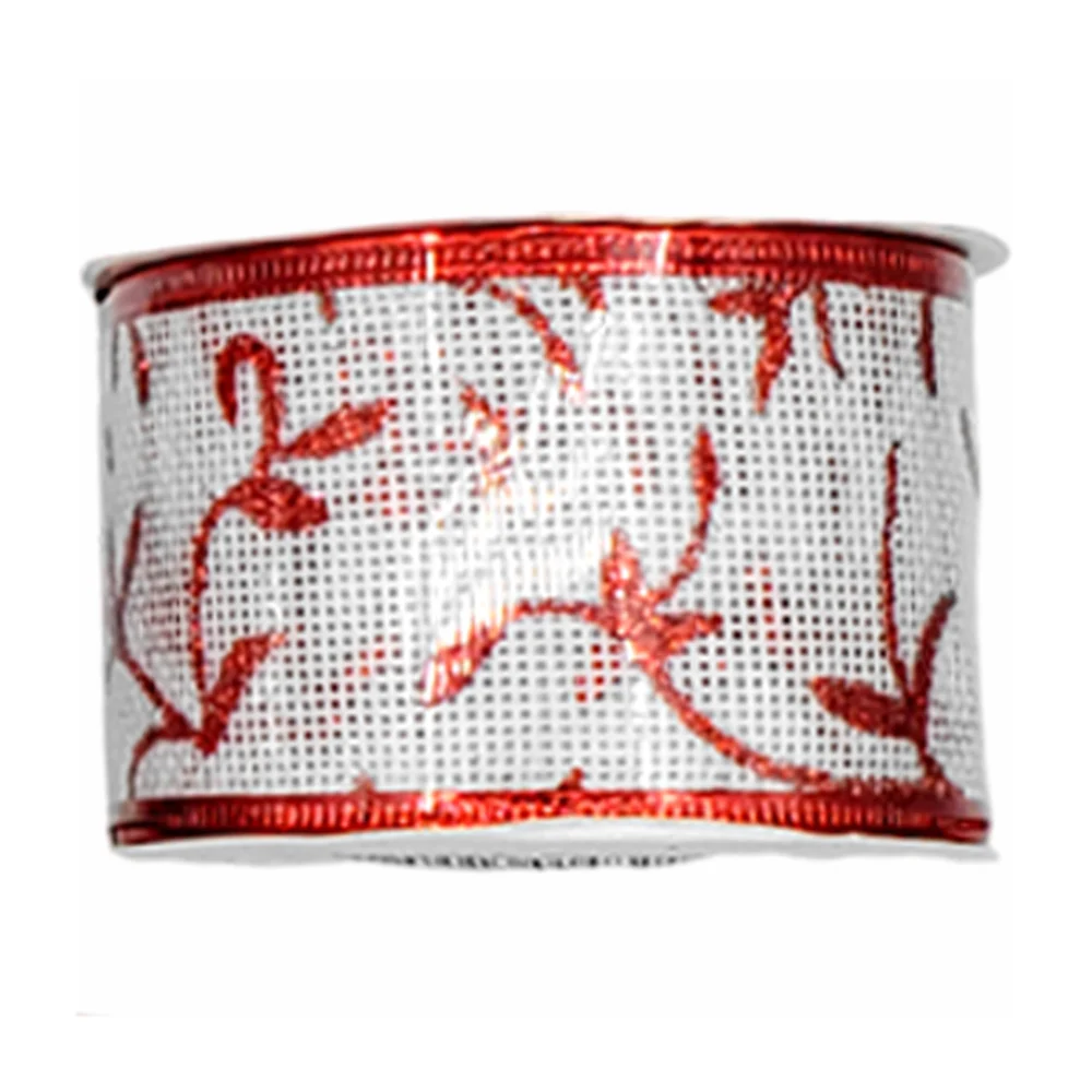 1pza Rollo de listón navideño en color blanco con rojo y detalles con diamantina, 5cm de grosor, variedad de diseños / sh1639