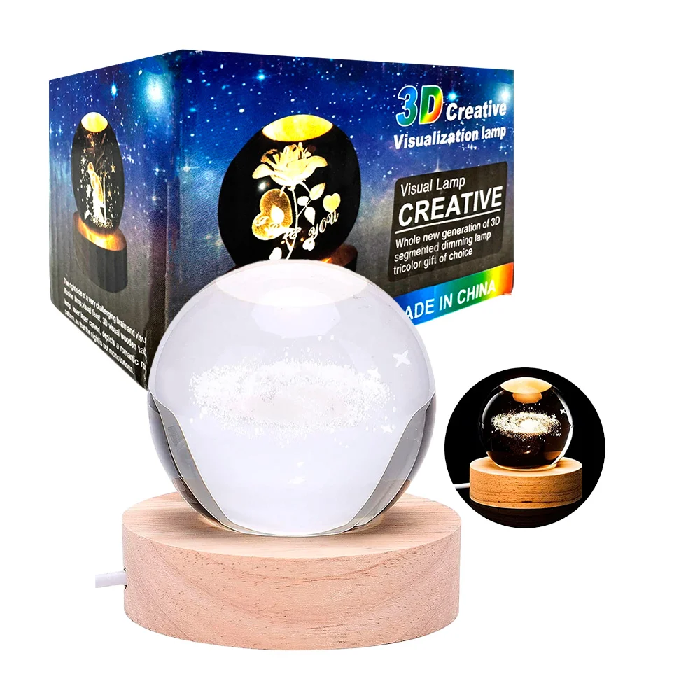 Lámpara de cristal 3d con base estilo de madera, luces led y entrada usb, variedad de diseños / sjq-096b / c002