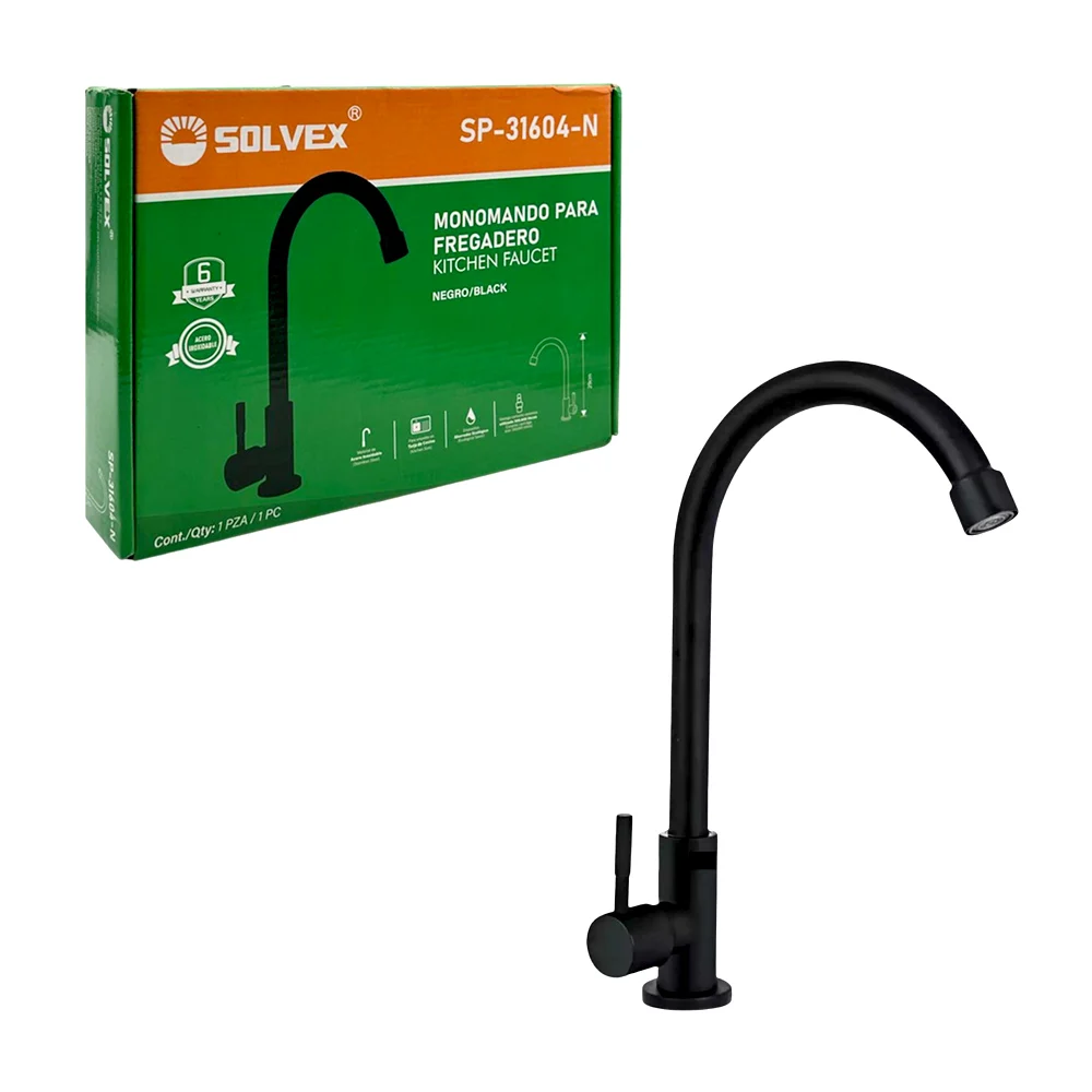Monomando llave individual solvex color negra de acero inoxidable con cuello cisne para fregadero, 29cm / kitchen faucet / sp-31604-n