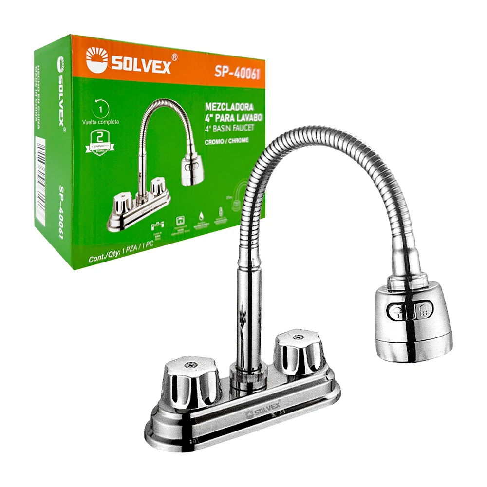 1pza Mezcladora para lavamanos de 4 pulgadas, con manguera flexible y chorro ajustable  / solvex / sp-40061