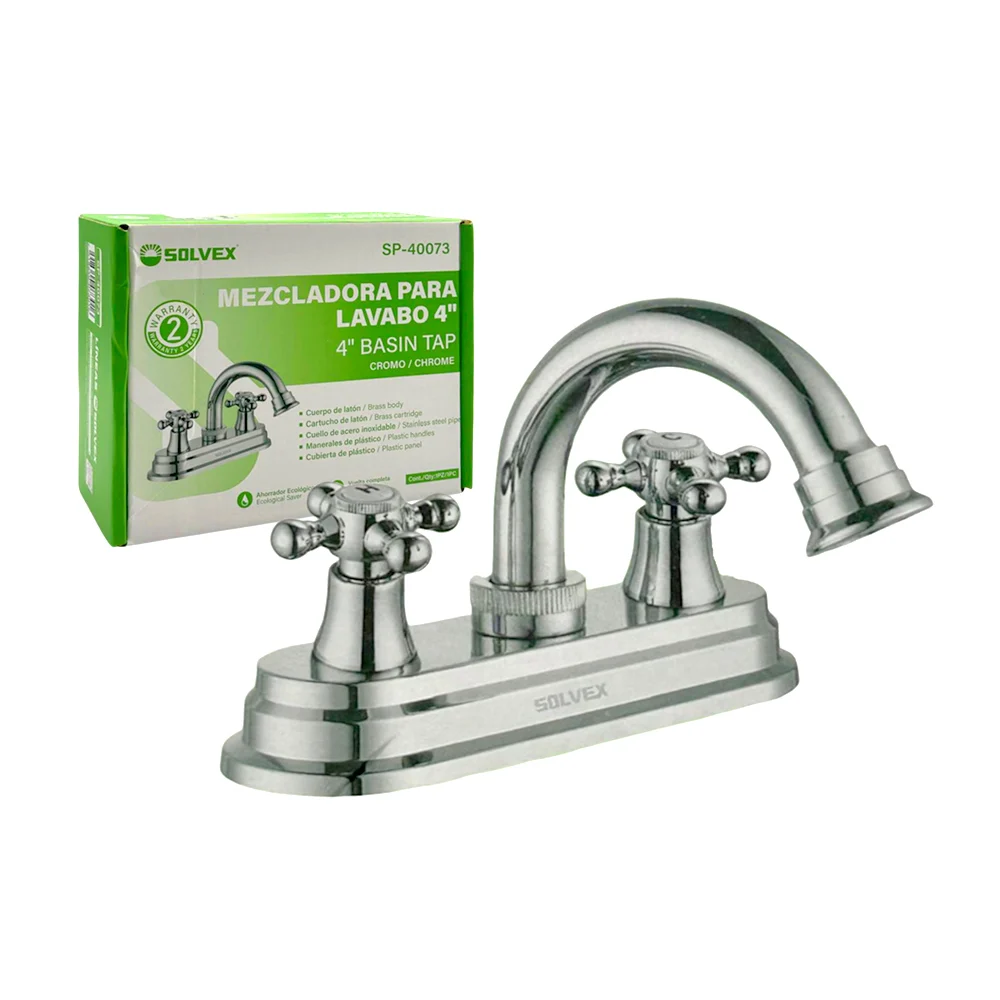 Llave mezcladora solvex de 4 pulgadas con manerales cruceta y cuello de acero inoxidable para lavabo / sp-40073