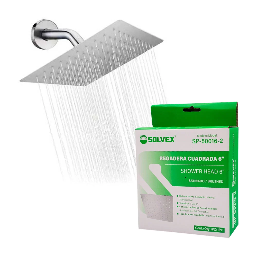 Regadera cuadrada satinada solvex de 6 pulgadas con conexión de bola y tapa de acero inoxidable / sp-50016-2