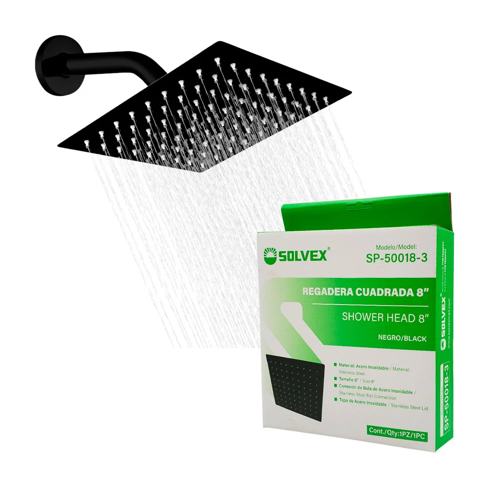 Regadera cuadrada en color negro solvex de 8 pulgadas con conexión de bola y tapa de acero inoxidable / sp-50018-3