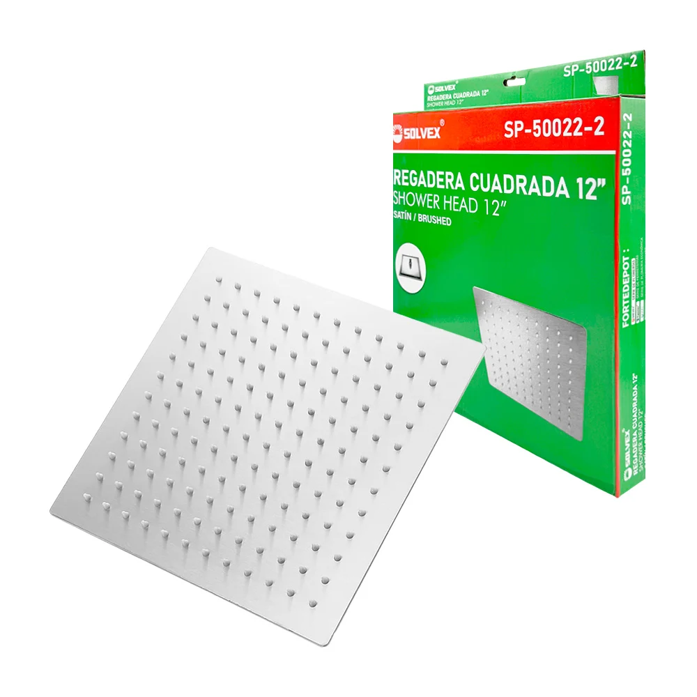 Regadera cuadrada solvex en tono satín de 12 pulgadas con conexión de bola y tapa de acero inoxidable / sp-50022-2