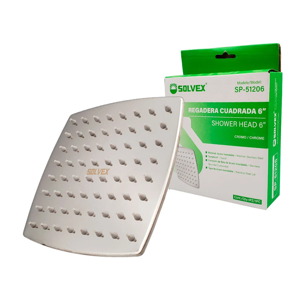 Regadera cuadrada cromada solvex de 6 pulgadas con conexión de bola y tapa de acero inoxidable / sp-51206
