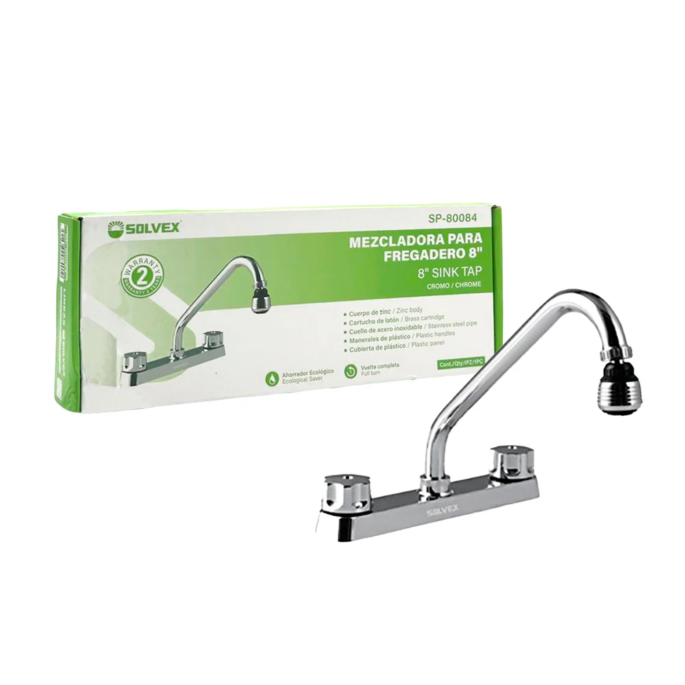 Llave mezcladora solvex de 8 pulgadas con cuello de acero inoxidable para fregadero / sink tap / sp-80084