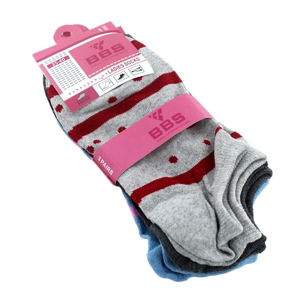 Paquete con 3 pares de calcetines bbs con diseño de líneas y puntos para dama, variedad de colores / 3 pairs 35-40