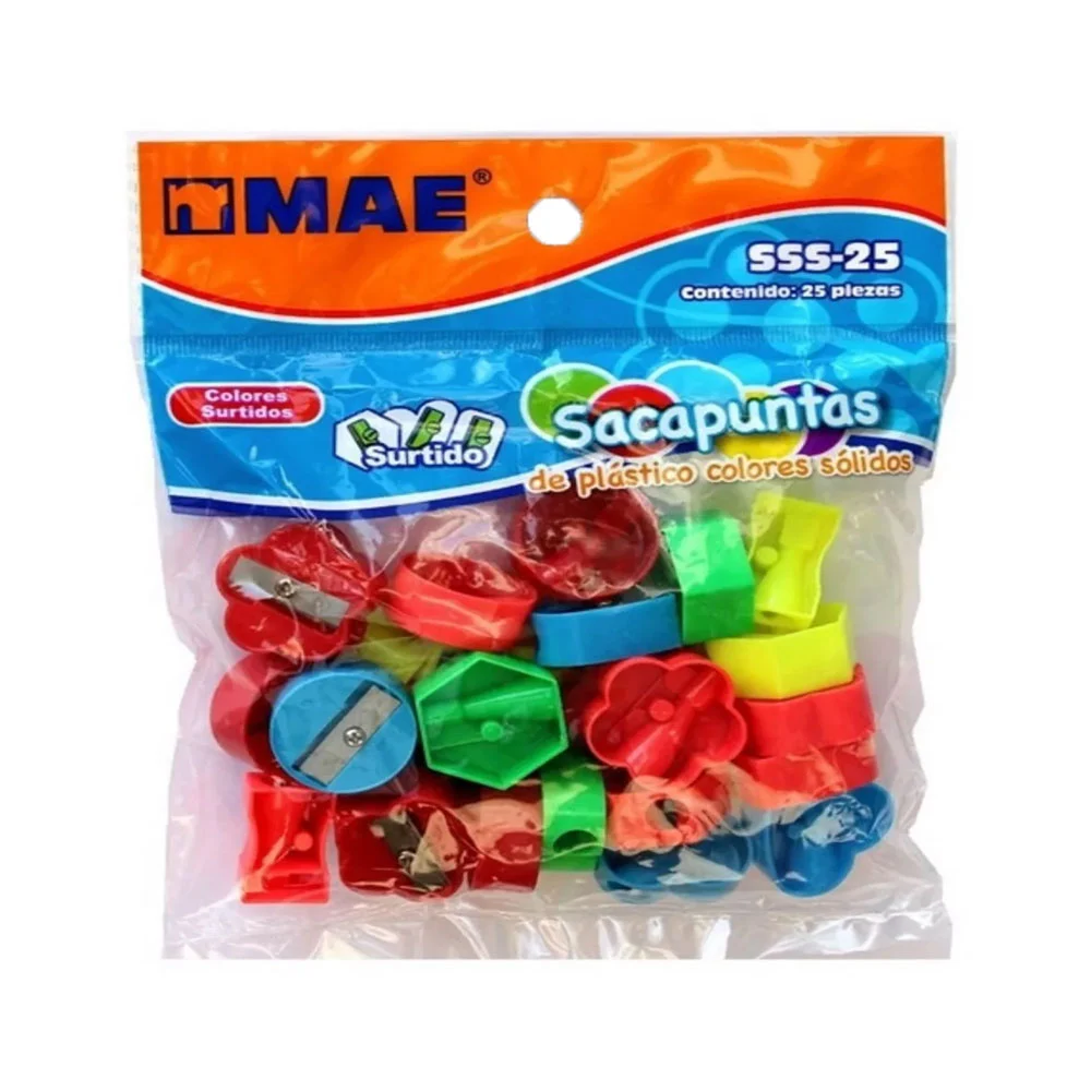 Paquete con 25 sacapuntas mae de plástico con variedad de diseños y colores / sss-25