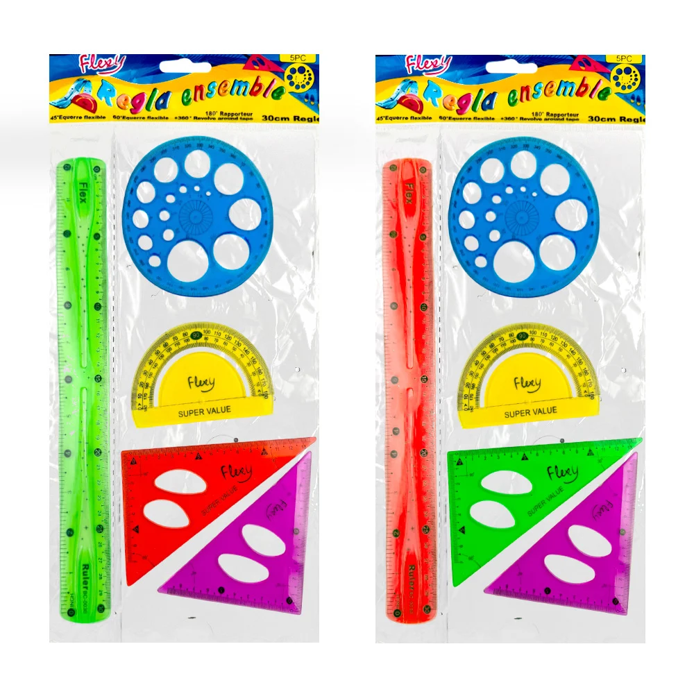 Juego de geometría flexible de 5 piezas con regla de 30cm, 2 escuadras y 2 transportadores / b8910 / st43726