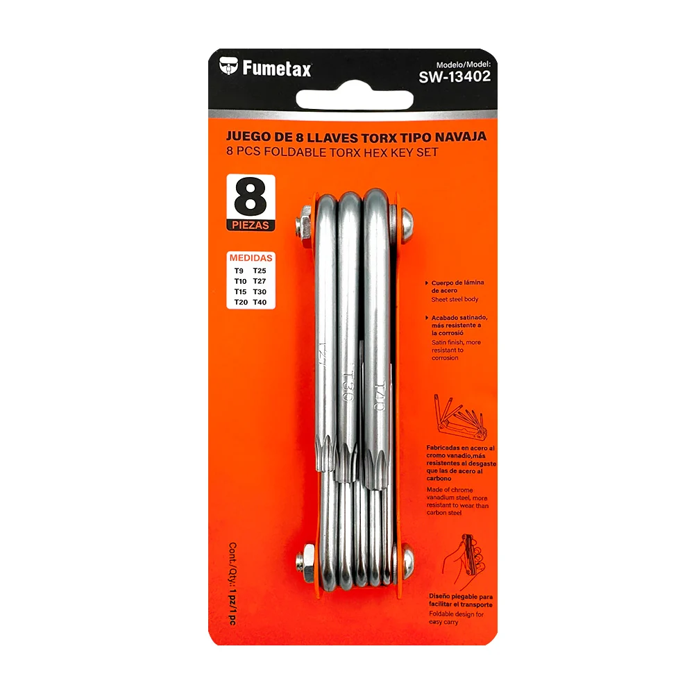 Juego de 8 llaves plegables torx tipo navaja fumetax con acabado satinado y diversas medidas / sw-13402