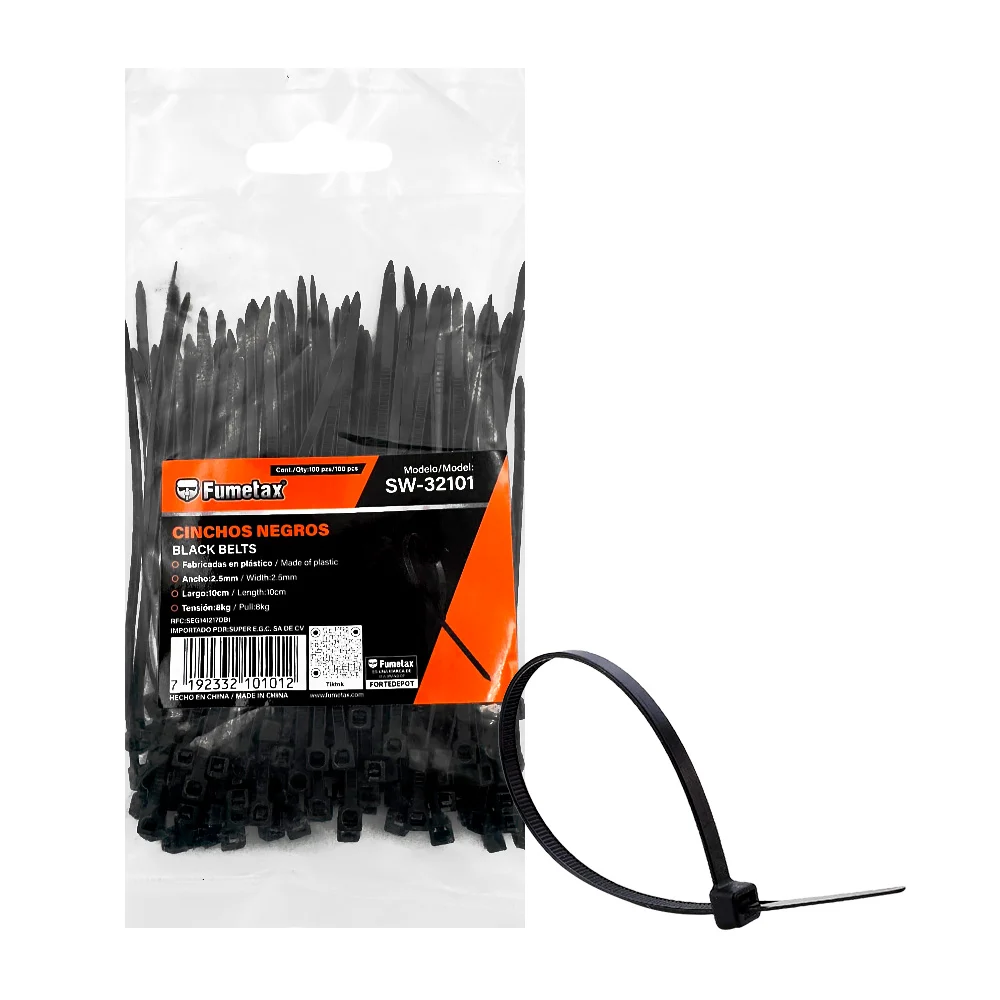 Paquete con 100 piezas de cinchos en color negro fumetax con largo de 10cm y ancho de 2.5cm / sw-32101