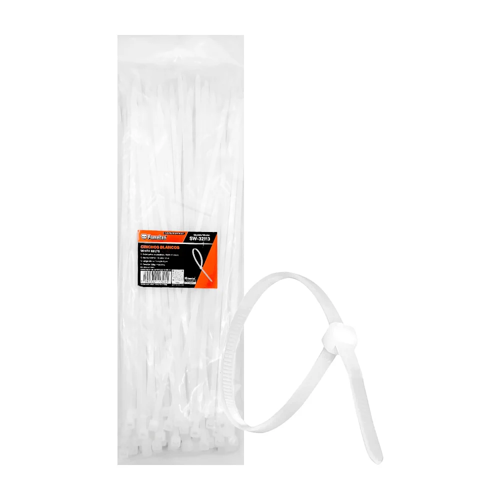 Paquete con 100 piezas de cinchos en color blanco fumetax con largo de 30cm y ancho de 4.5mm / sw-32113