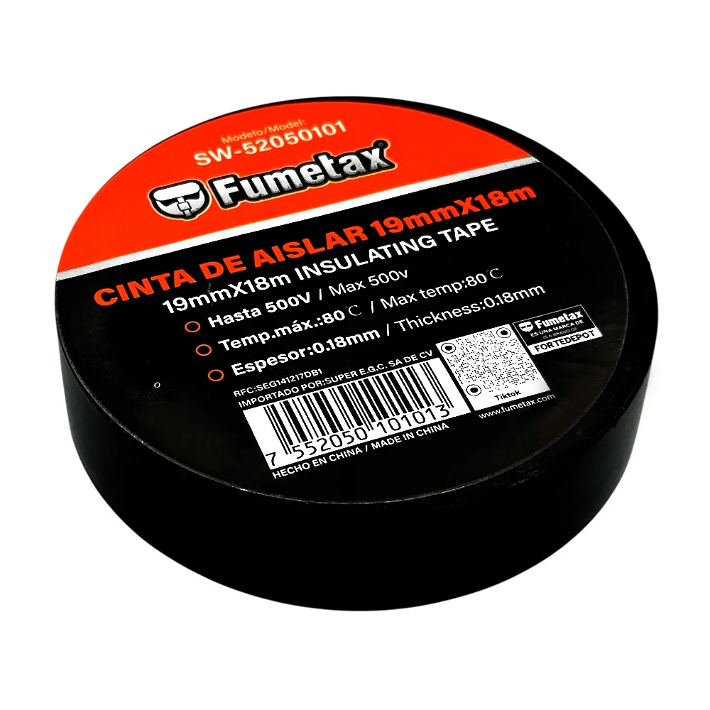 1pza Cinta aislante fumetax en color negro con longitud de 19mmx18m y espesor de 0.18mm / sw-52050101