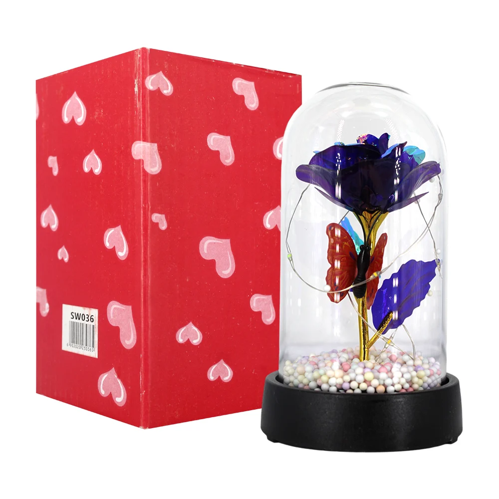 Lámpara decorativa chica de cristal con rosa encapsulada, bolitas de colores y mariposa, variedad de colores / sw036