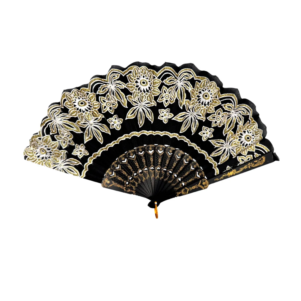 Abanico de plástico con flores diamantadas y detalles ranurados, variedad de diseños y colores / e5224