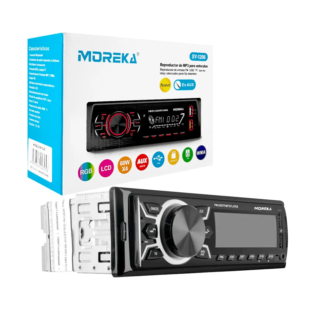 Reproductor de mp3 moreka para carro con pantalla lcd, radio fm, entradas usb, tf, auxiliar, reloj + control remoto / sy-1206 / auto estéreo