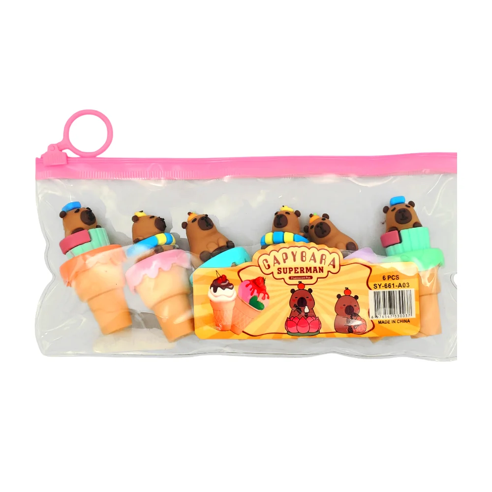 Paquete de 6 mini marcatextos de colores en forma de helado y diseño de capibara, variedad de diseños / capybara superman / c398-1-495