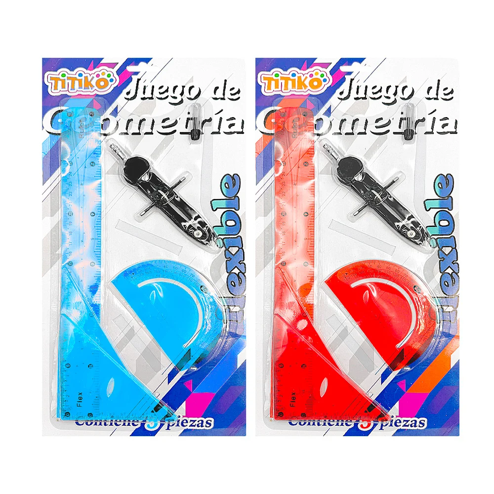 Juego de geometría flexible con regla de 30cm - 12 pulgadas, 2 escuadras de 13cm y 18cm, transportador y compás largo con puntas de repuesto / tk-705c / titiko
