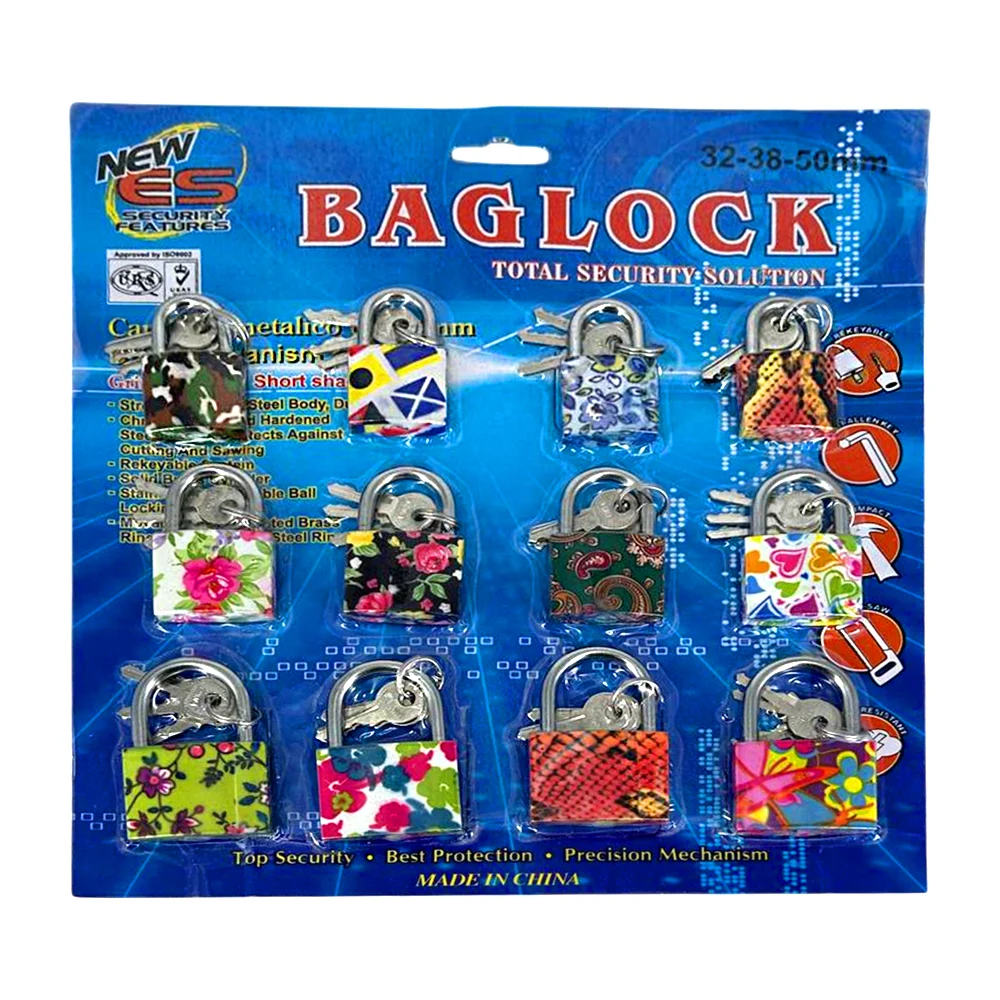 Blíster de 12 candados con estampado y diferentes tamaños con sus respectivas llaves, variedad de diseños y tamaños / baglock / tl43311