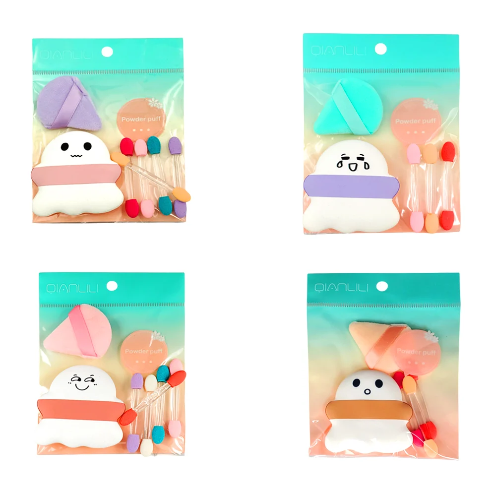 Set de maquillaje con 1 esponja en forma de fantasma, esponja para dedos y 3-5 aplicadores para sombra de doble punta, variedad de diseños y colores / ts-208