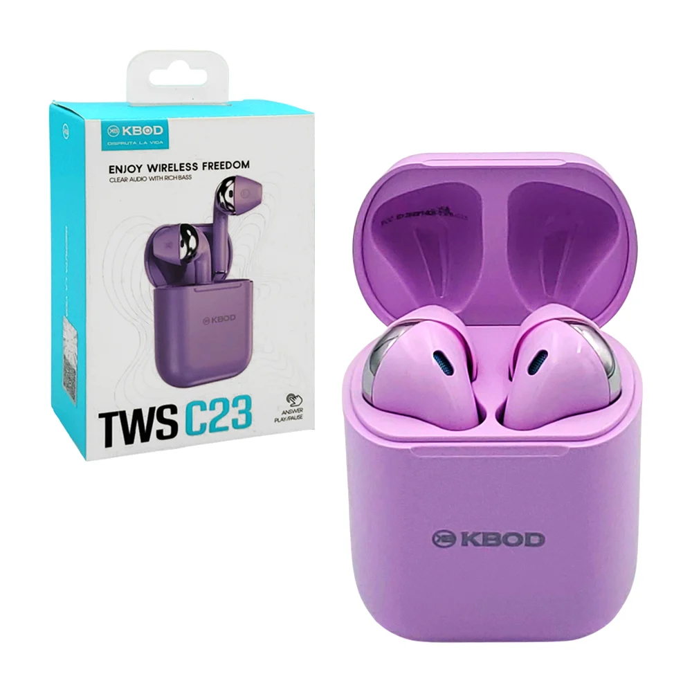 1pza Audífonos / auriculares inalámbricos, de tipo earphones, con estuche de carga rectangular y detalles en color plateado, variedad de funciones / kbod / twsc23 / kb-tws-c23