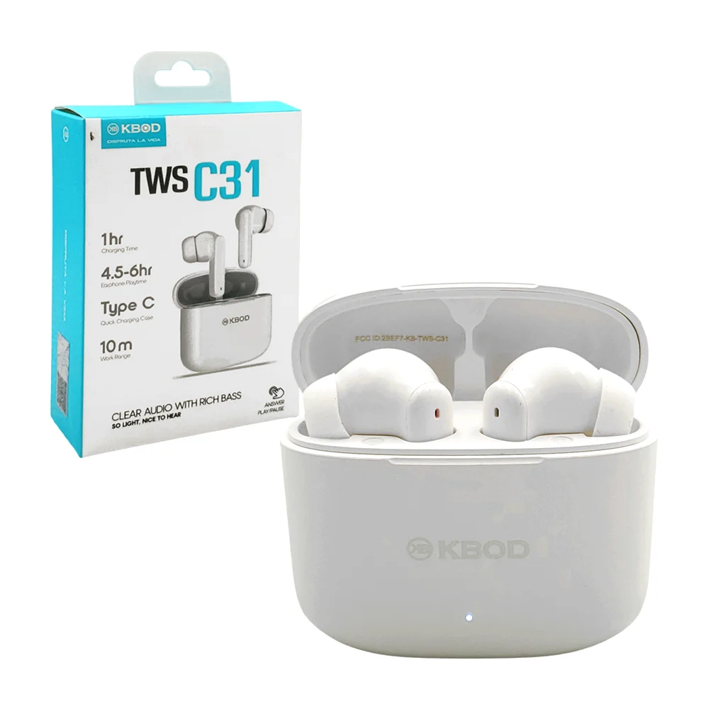 1pza Audífonos / auriculares inalámbricos, recargables, con almohadillas ergonómicas de silicona y estuche cargador cuadrado, variedad de funciones / kbod / kb-tws-c31