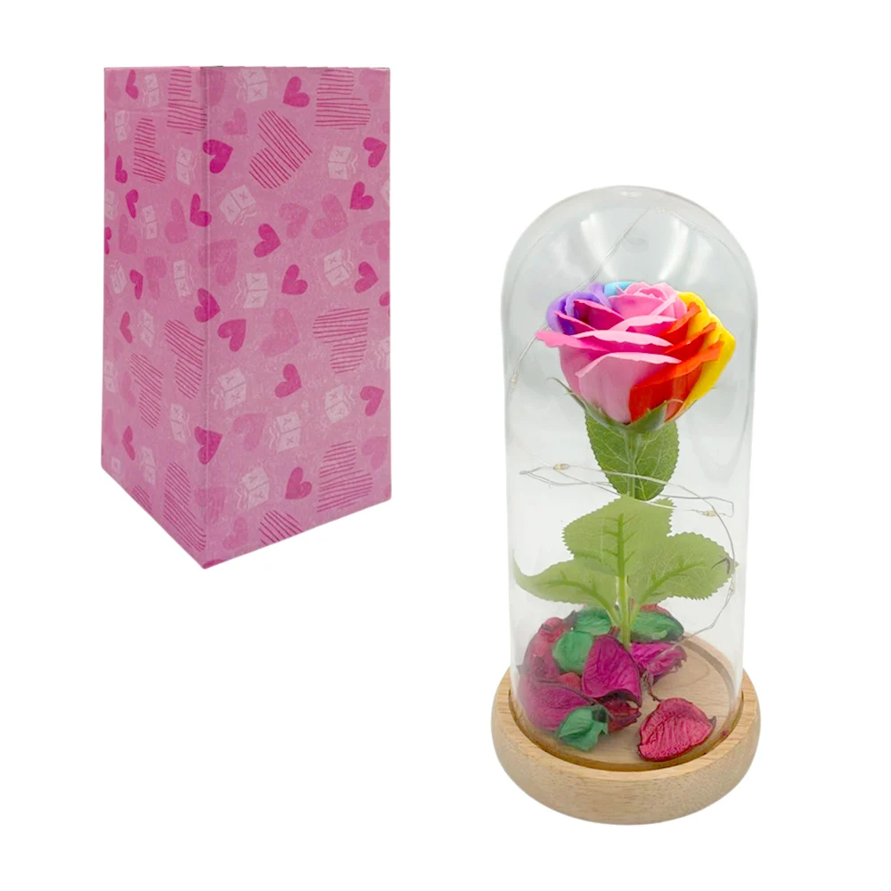 Rosa flor multicolor encapsulada decorativa con base de madera, serie de luz led y pétalos, 21cm / v-441
