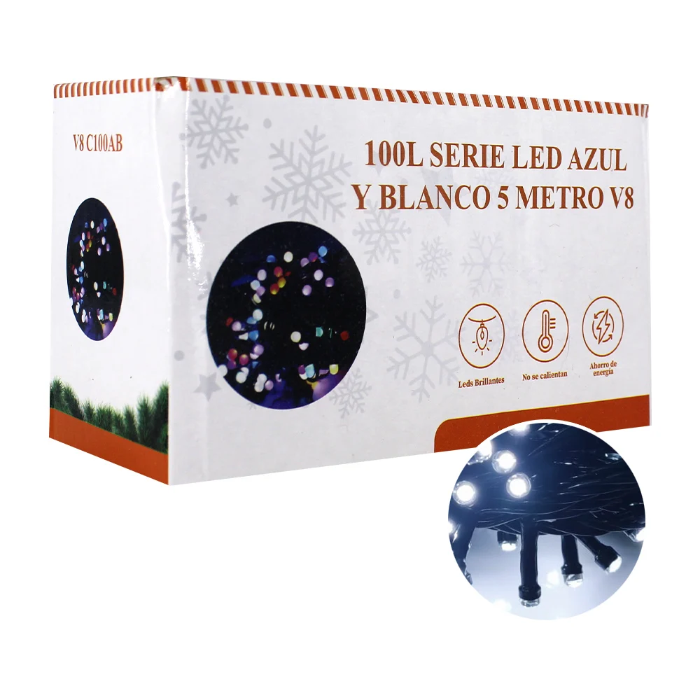 Serie de cable verde, 5 metros con 100 luces led en color blanco y azul / v8-c100ab
