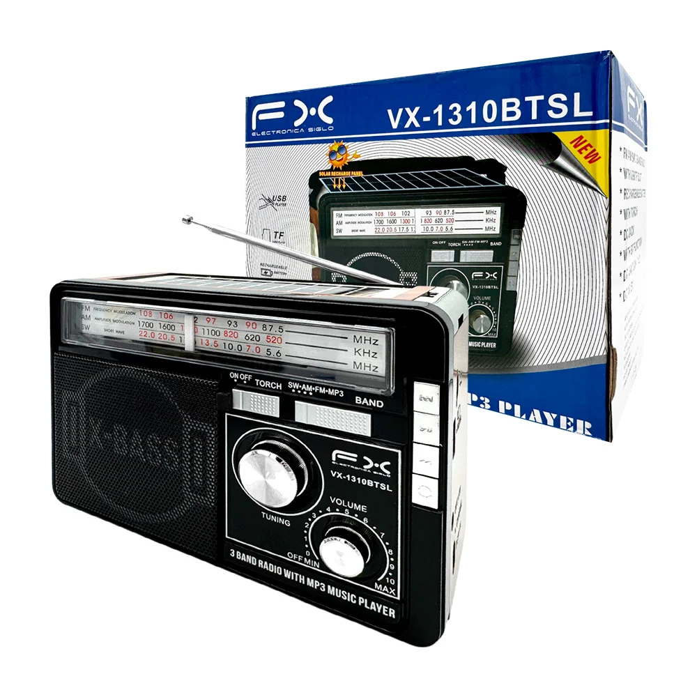 Bocina radio fx recargable con diseño vintage, linterna, panel solar, ranura usb, tf, variedad de colores / vx-1310btsl / bocina x-bass