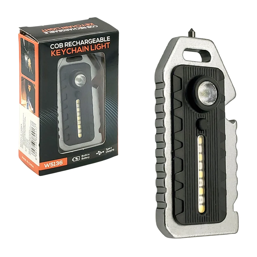 Llavero con luz de emergencia recargable, varios modos de iluminación con abrelatas, silbato y rompe vidrios / llavero de supervivencia / 148ma / l816-148ma