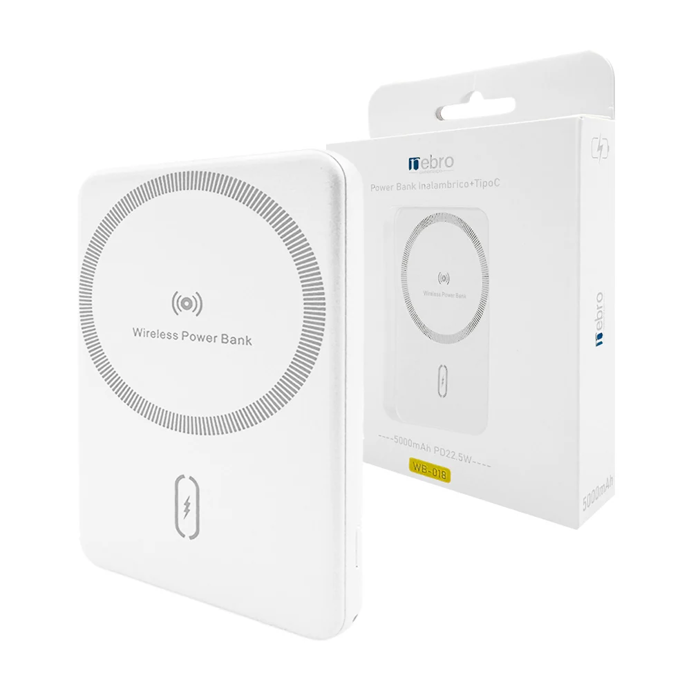 Power bank - batería portátil pequeña inalámbrica 5000 mah, puerto usb y usb-c, variedad de colores / power bank nebreo / wb-018 / wireless power bank