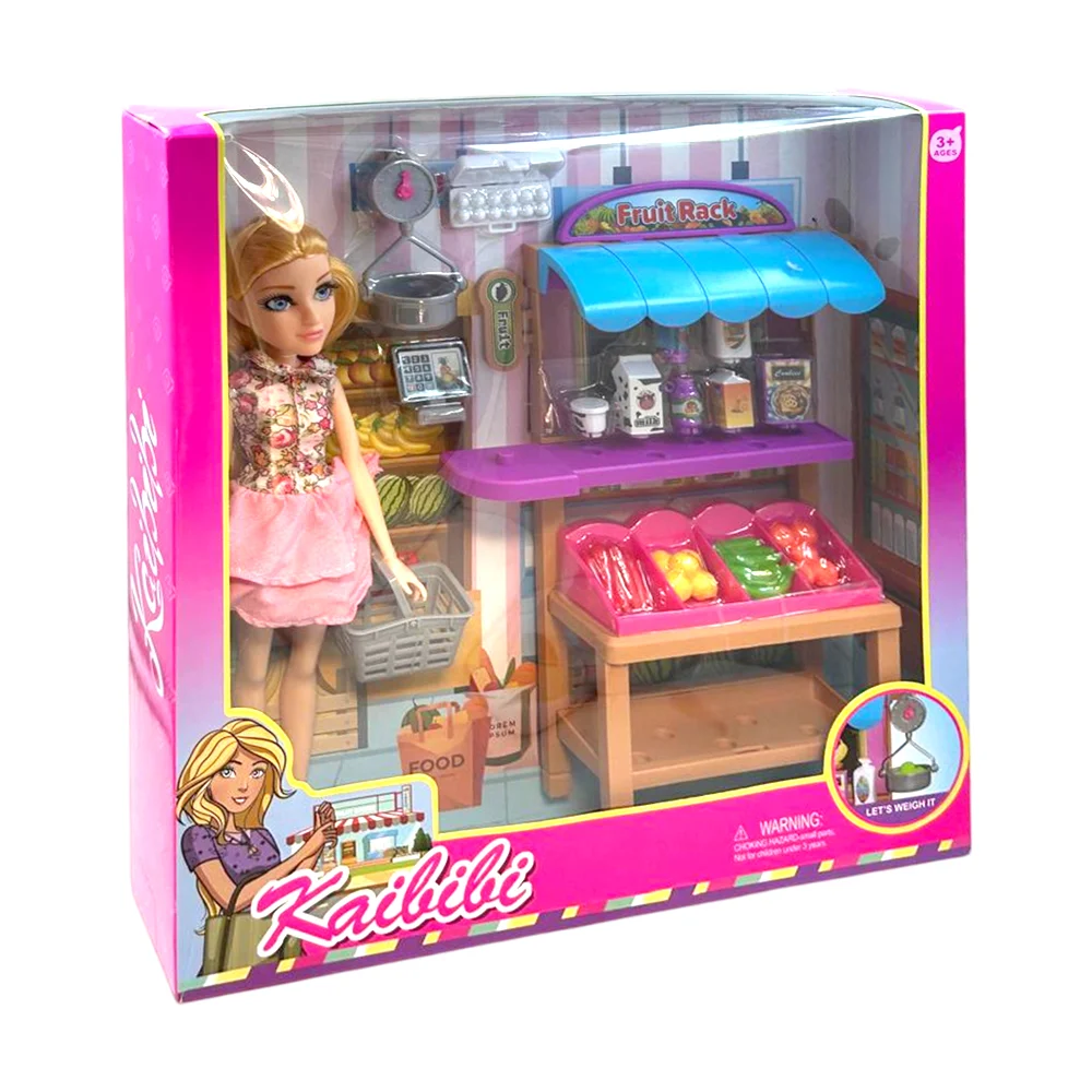 Muñeca kaibibi con temática supermercado con estante de fruta y alimentos, variedad de accesorios / shopping / wgdy034g