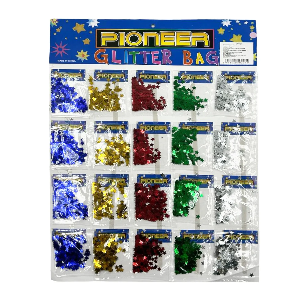 Planilla con 20 sobrecitos de mini estrellas para manualidades, variedad de colores / glitter bag / pioneer / x-652