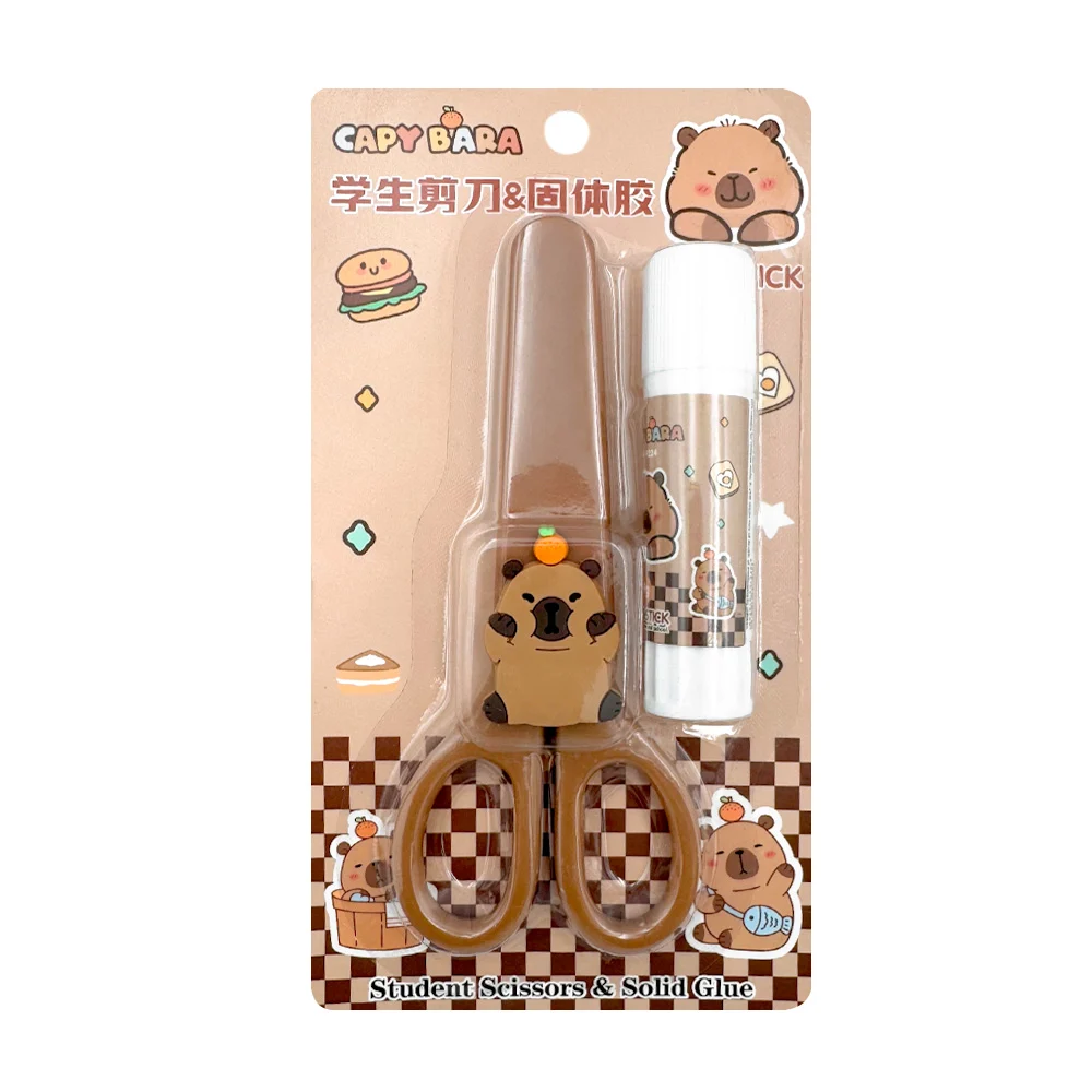 Blíster con tijeras escolares infantiles y pegamento de barra, diseño de capibara, variedad de diseños / xd2-28 / capy bara