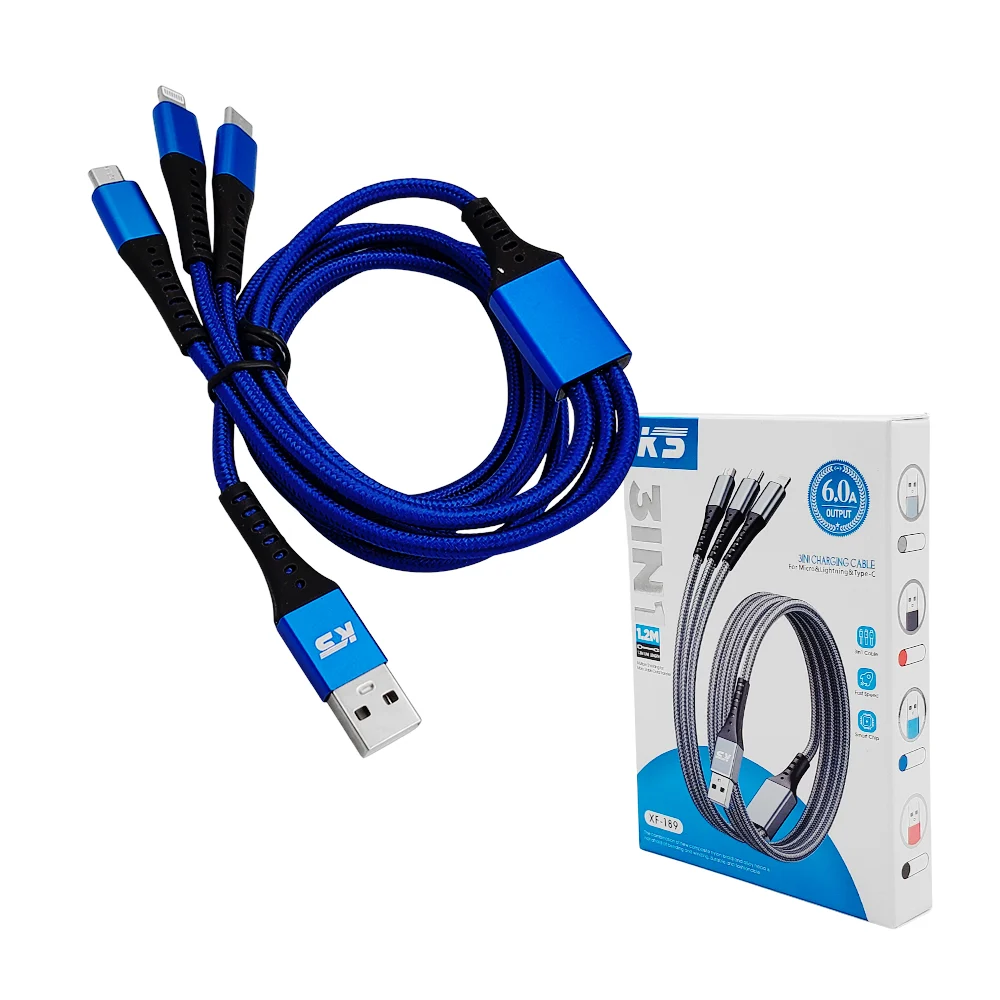 Cable usb 3 en 1 de 1.2m con entrada tipo c, v8 y lightning para carga rápida, 6.0a, variedad de colores / xf-189