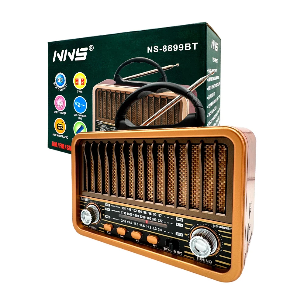 1pza Bocina inalámbrica tipo radio vintage, con antena receptora, función de radio, asa agarradera y ruedas controladoras, variedad de funciones / ns-8899bt