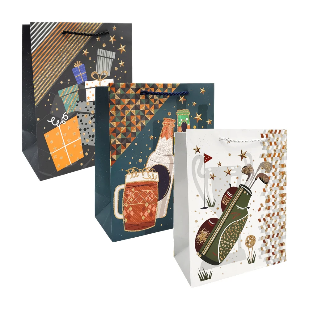 1pza Bolsa de regalo chica con estampado de cervezas, regalos, golf o carros con diamantina, 18x23cm, variedad de modelos / xq-s184
