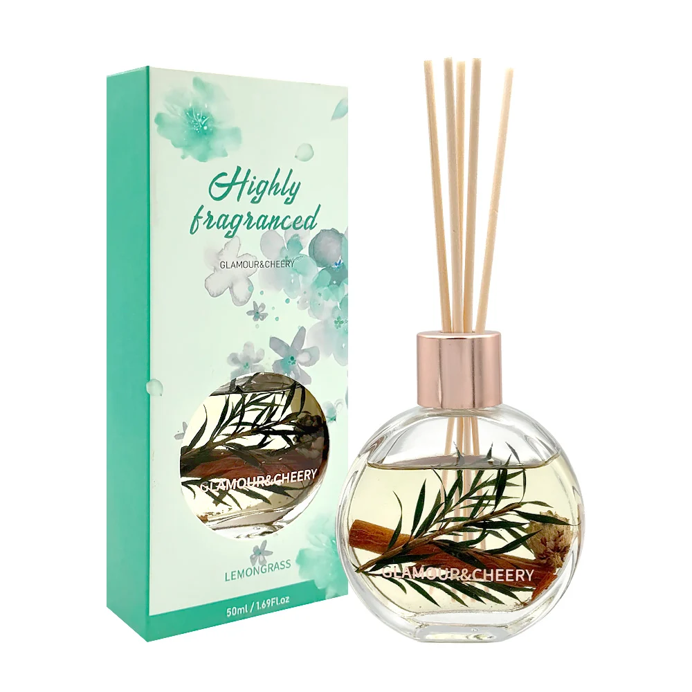 1pza Difusor de aroma con esencia, en forma circular de cristal y varas de madera, variedad de aromas / glamour&cherry / 50ml / highly