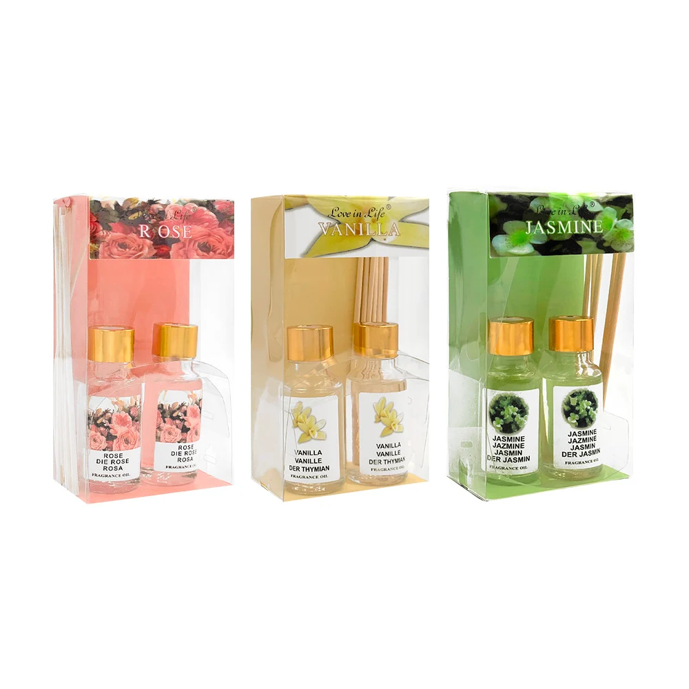 Blíster de 2 difusores de aroma pequeños, con frascos de cristal y varas de madera, variedad de aromas / love in life / xx-6 / reed diffuser