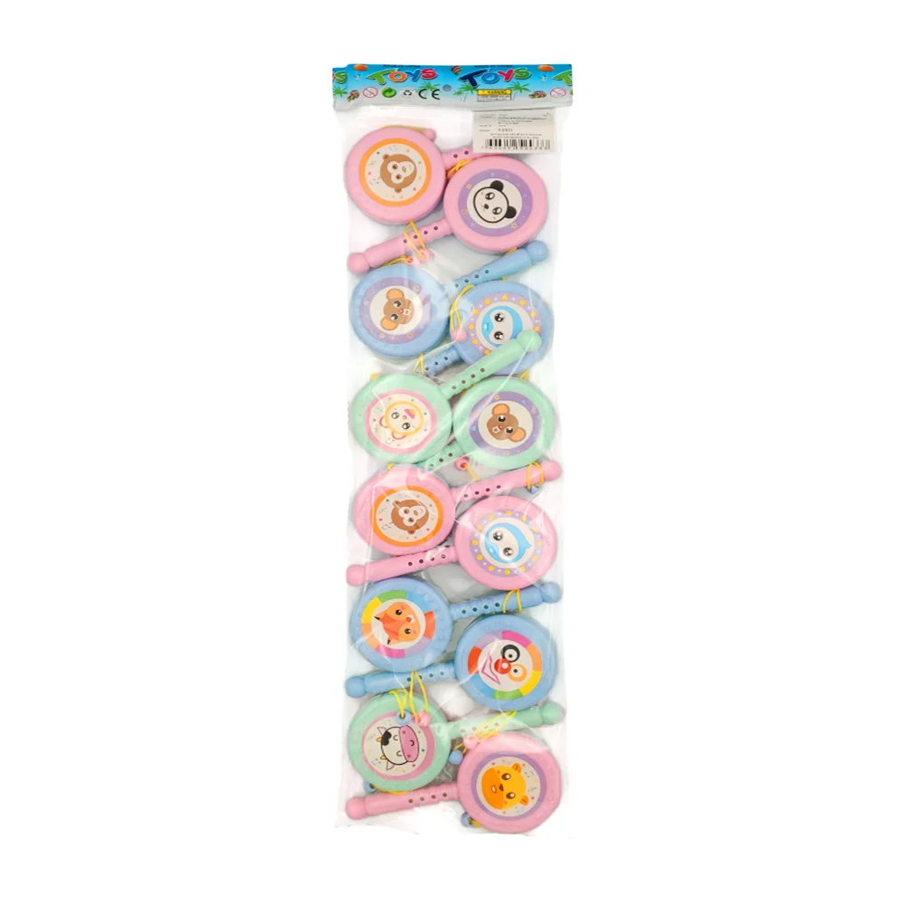 Paquete de 12 juguetes pequeños manuales estilo tambor, de plástico, bicolor, con estampado de animales animados, variedad de diseños / y-d571